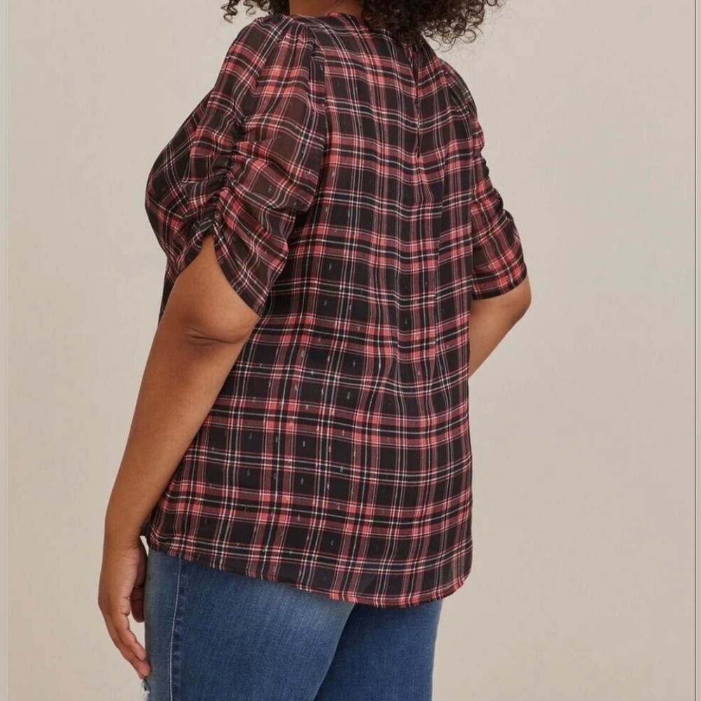 Torrid Chiffon Black Pink Sparkle Plaid Ruched Sleeve Sheet Blouse 1X 14 16 - Picture 2 of 5